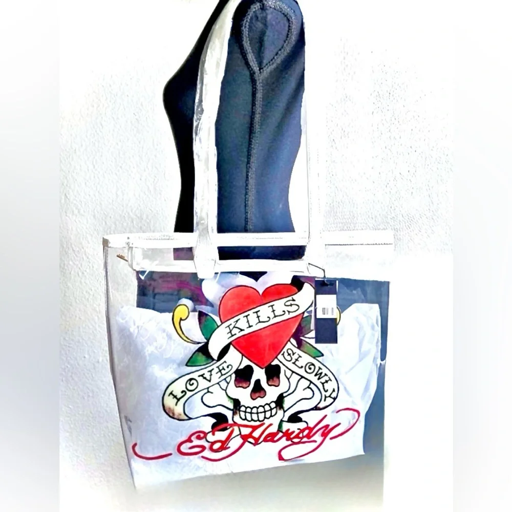 NWT Ed Hardy BIG clear stadium bag PVC Zip tote Leather Trim ~ Love Kills Slowly - Picture 15 of 16